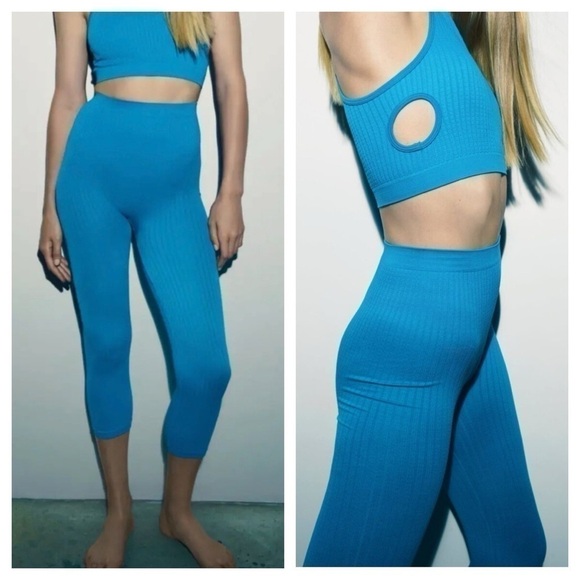 Zara Womens Green Blue Teal Pull On Stretch Capri Leggings Size M / L NWT - Picture 1 of 3